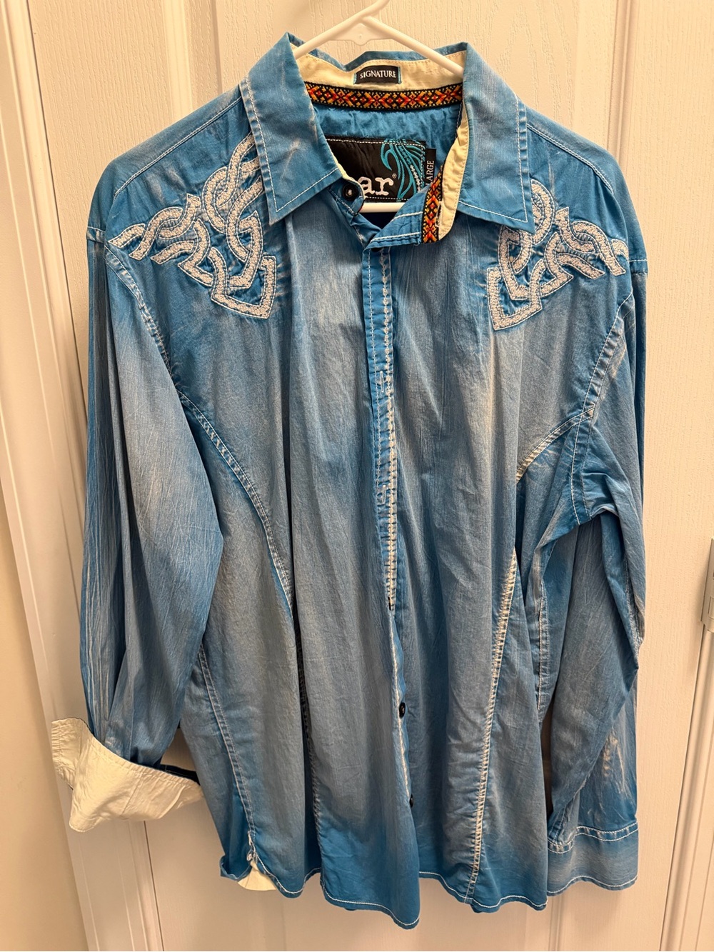 Roar Light Blue Embroidered Western Button-Down Shirt